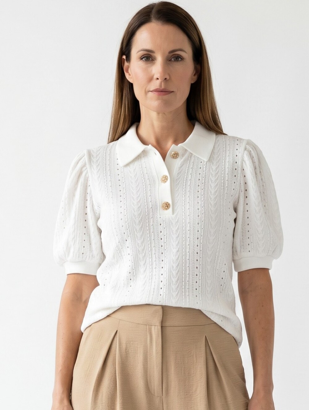 CURE Classic White Knit Polo with Puff Sleeves And Gold & Faux Pearls Bottons